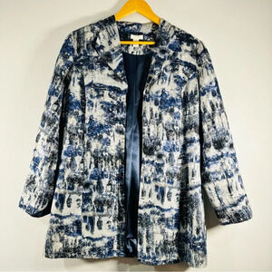 Chico’s Size 1 Silk Blazer Jacket Long Blue Silver Shimmer Cotton Women's M
